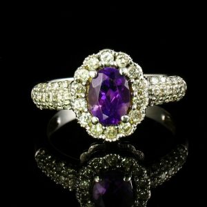 OVAL NATURAL 2.14ctw PURPLE AMETHYST & DIAMOND HALO SOLID 14K WHITE GOLD RING