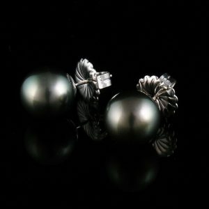 GENUINE LARGE 10.9MM BLACK TAHITIAN PEARL SOLID 14K WHITE GOLD STUD EARRINGS