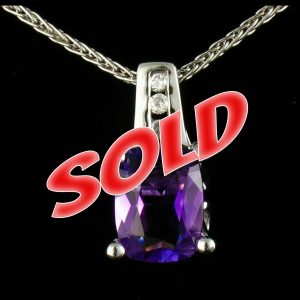 SIGNED CUSHION CUT NATURAL 2.16ctw AMETHYST DIAMOND 14K WHITE GOLD DROP PENDANT